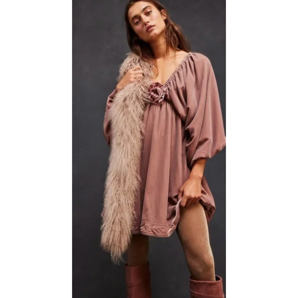 NEW Free People PORTIA Velvet Mini Babydoll Tunic Dress in Pink Size L NWOT $128